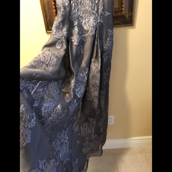 Aidan Mattox Gunmetal Off The Shoulder Silver Floral Detail-Soft Mesh Lined Gown - Picture 2 of 14